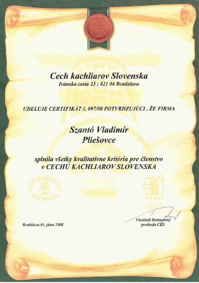 Cech kachliarov Slovenska - certifikát člena