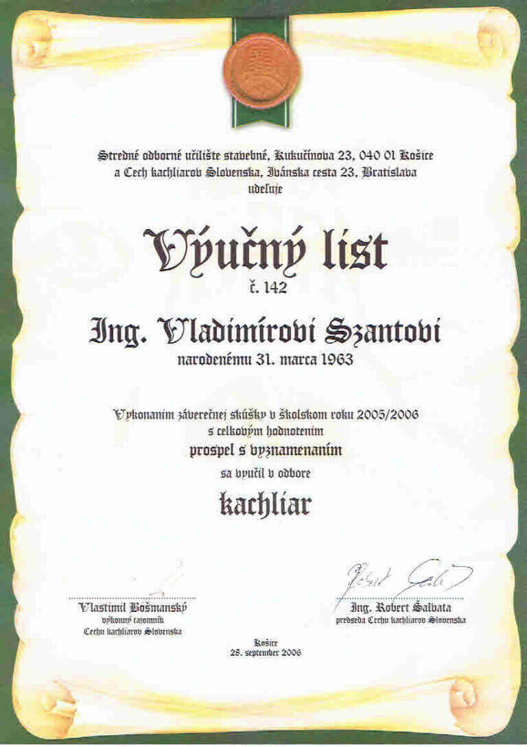 výučný list Vladimírovi Szantovi v odbore kachliar